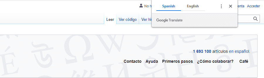 Ventana emergente de traducción de Chrome.