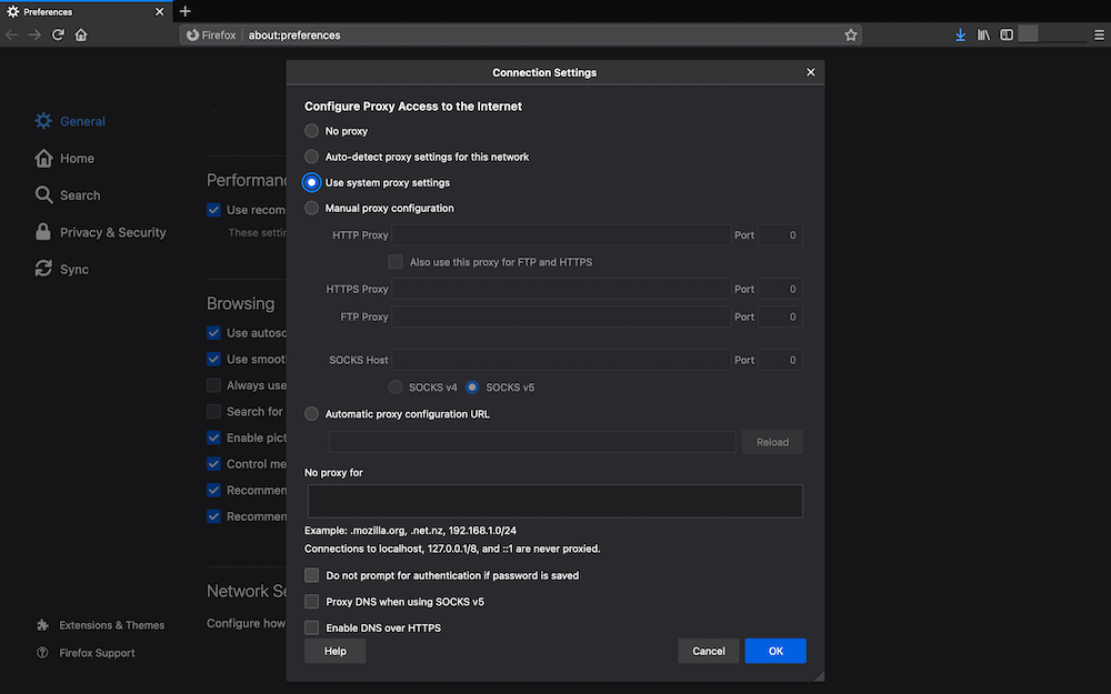 De Firefox Connection Settings.