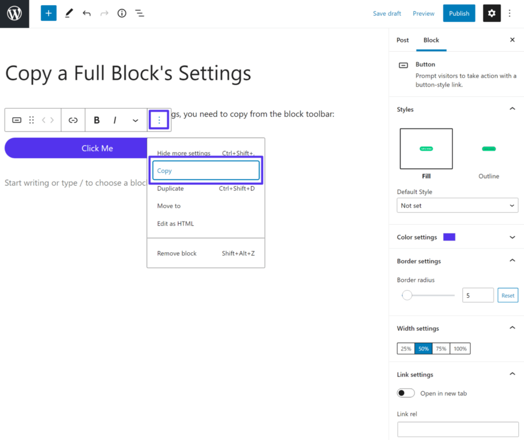 How to copy a block with all of its settings in the Gutenberg WordPress editor