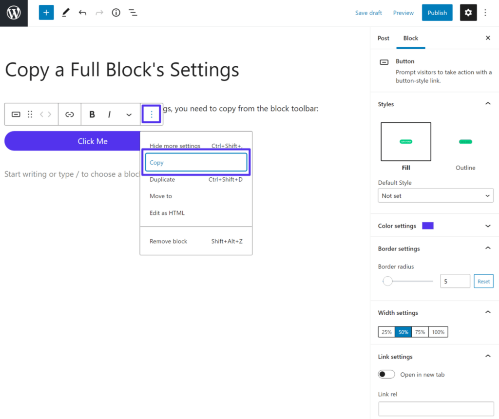 ブロックをすべての設定と一緒にコピーする