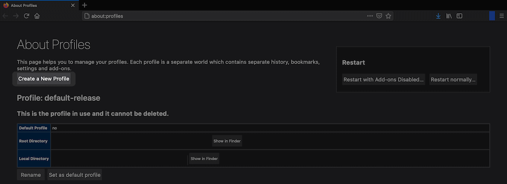 De knop Create a New Profile in Firefox.