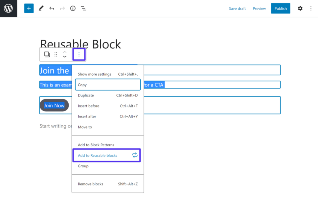 Een reusable block maken