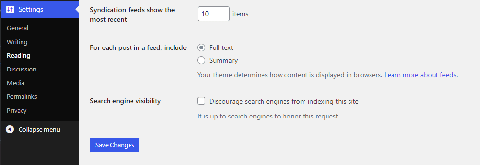 Suchmaschinensichtbarkeit Checkbox.