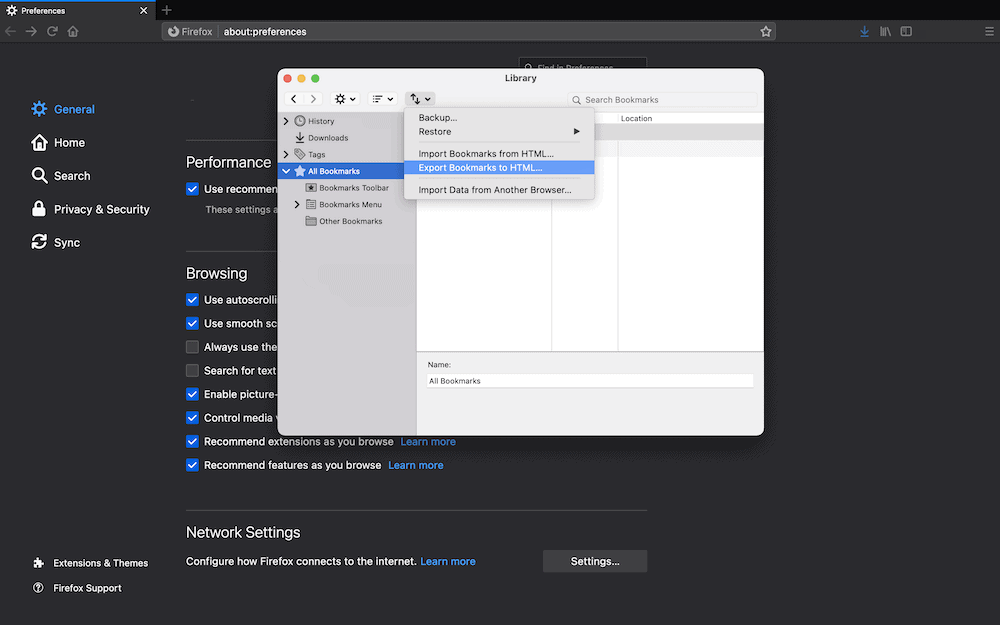 Exporting bookmarks within Firefox.