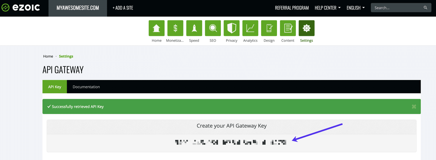 Kopiëren van de API key uit het Ezoic dashboard.