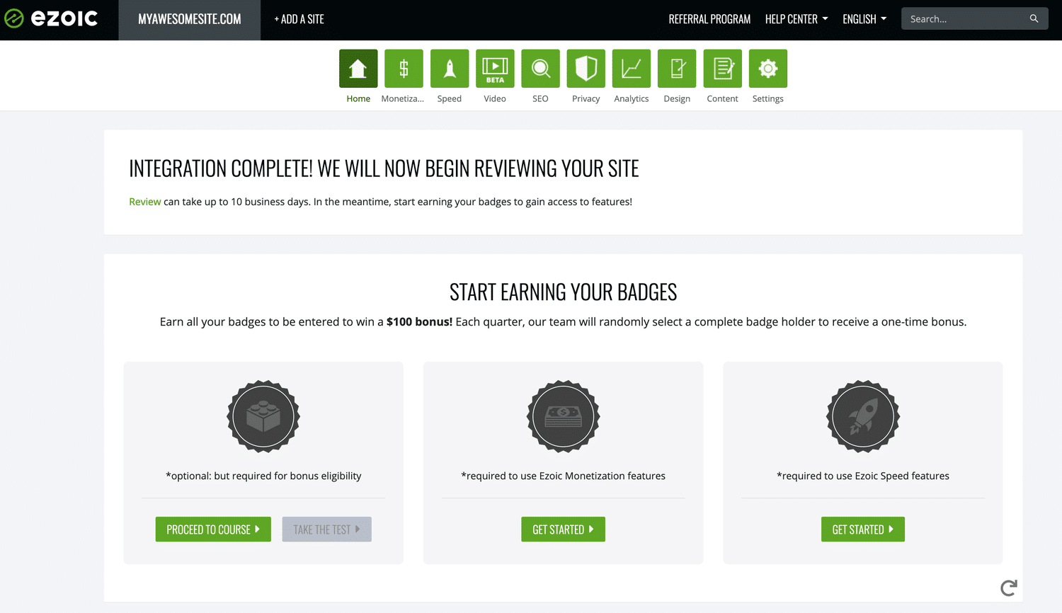 Anmälan om integreringskomplettering i Ezoic's instrumentpanel.