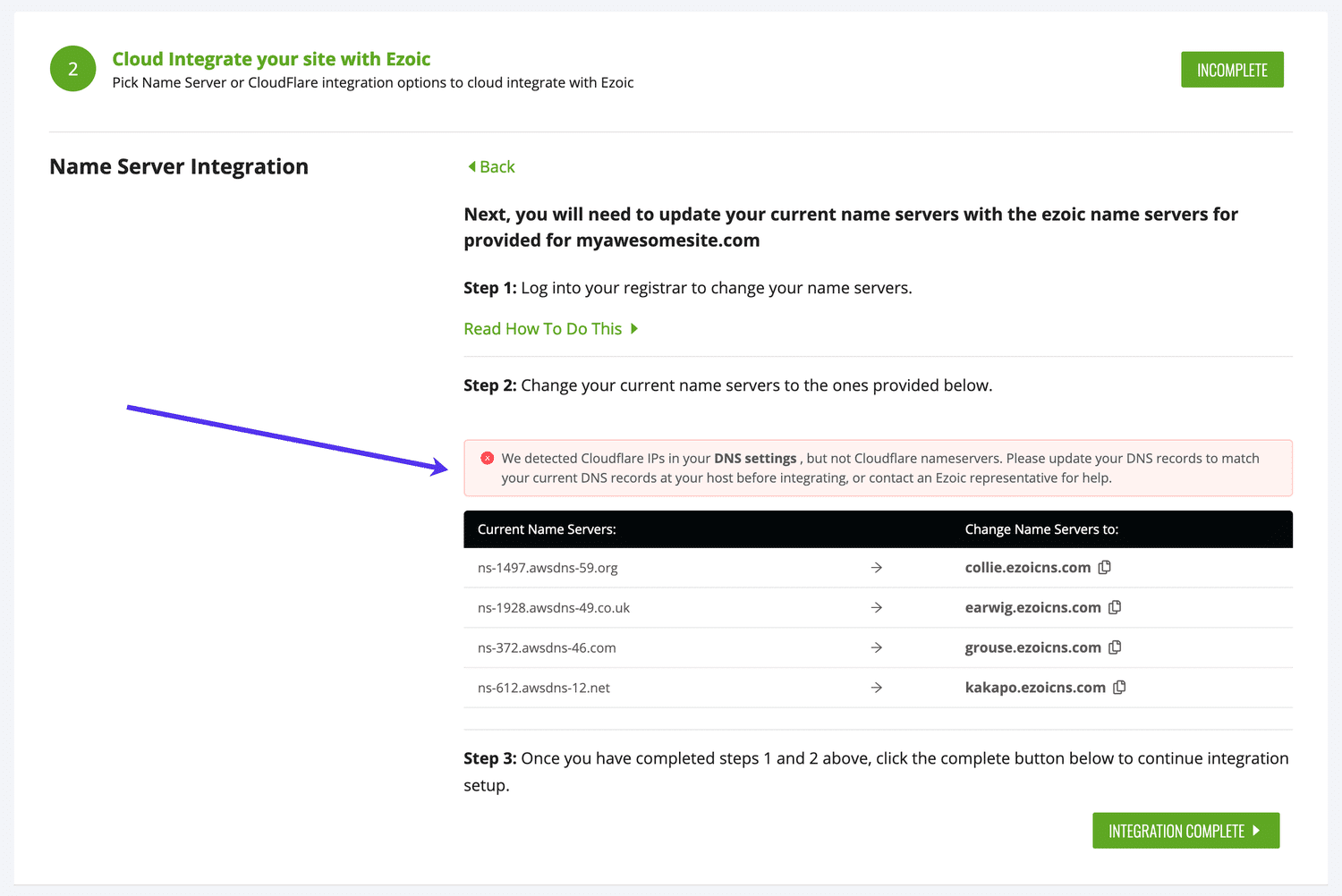 Ignoriere alle Warnungen bei Ezoic in Bezug auf Cloudflare IP-Adressen in deinen DNS-Einträgen.