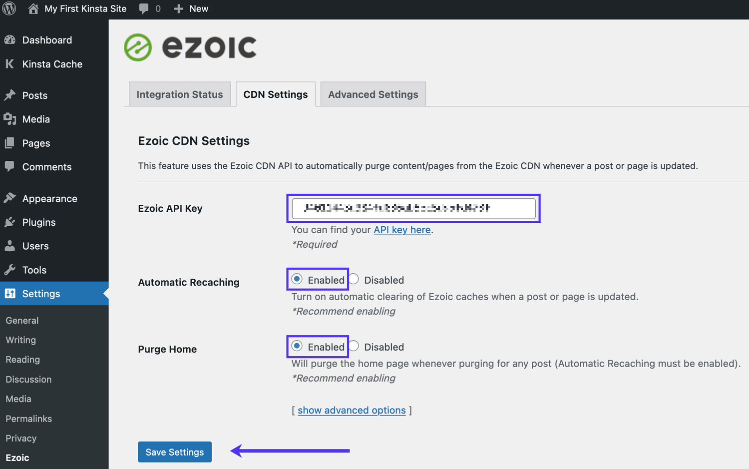 Plak je API key in de instellingen van de Ezoic plugin in je WordPress dashboard.