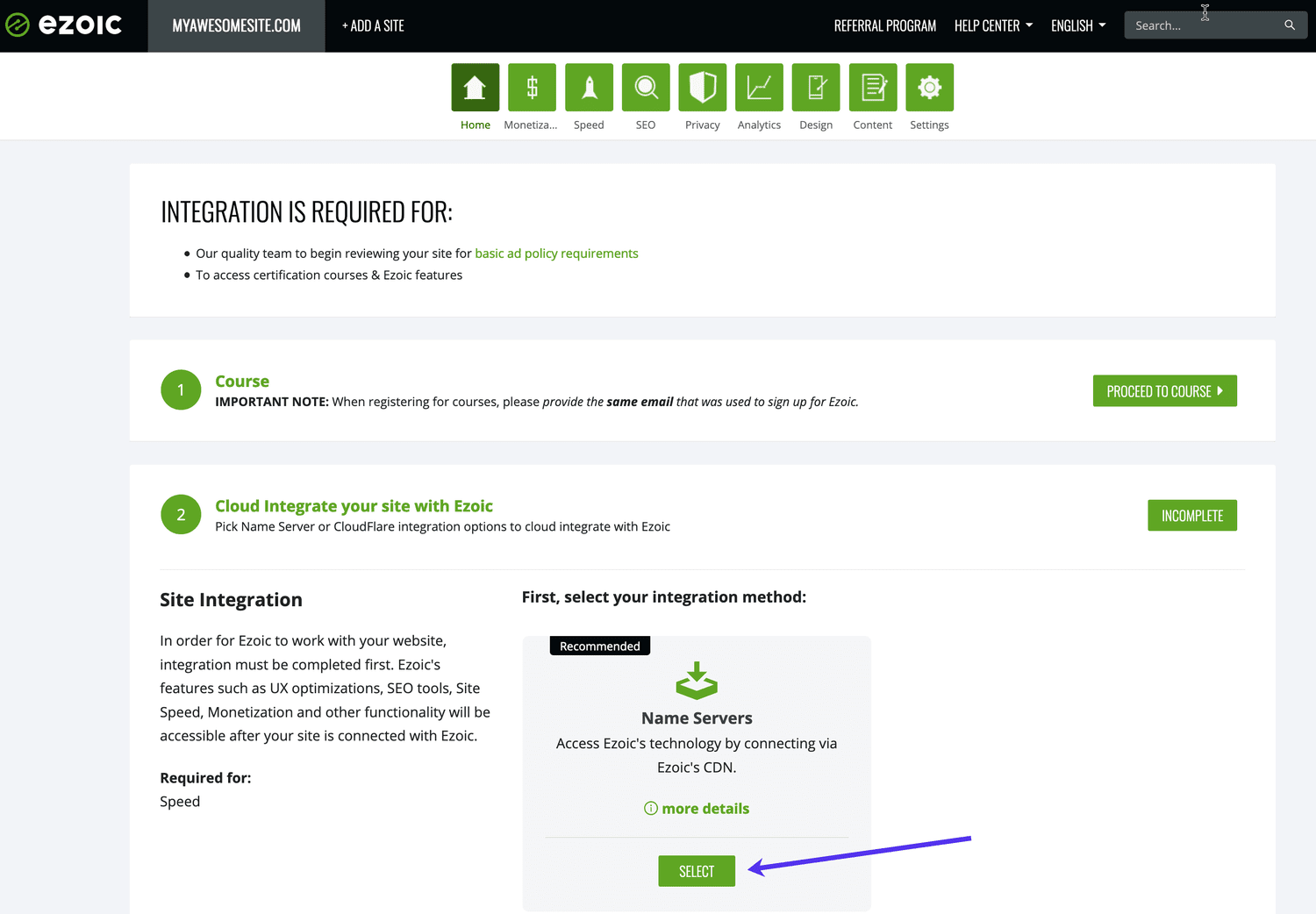 Välj metoden för integrering av namnservrar i din Ezoic-instrumentpanel.