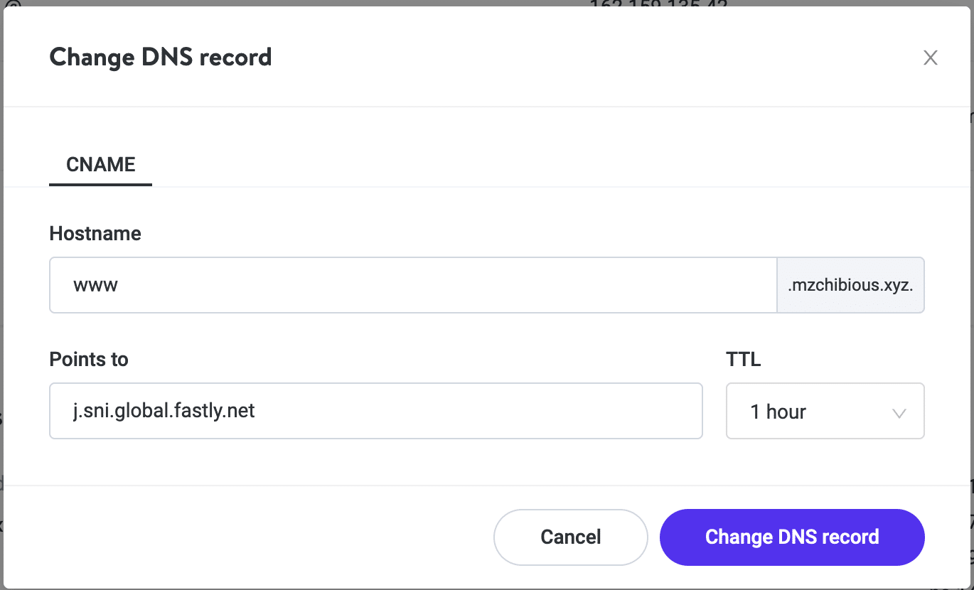 Pointing your domain’s www CNAME to Fastly in Kinsta DNS.