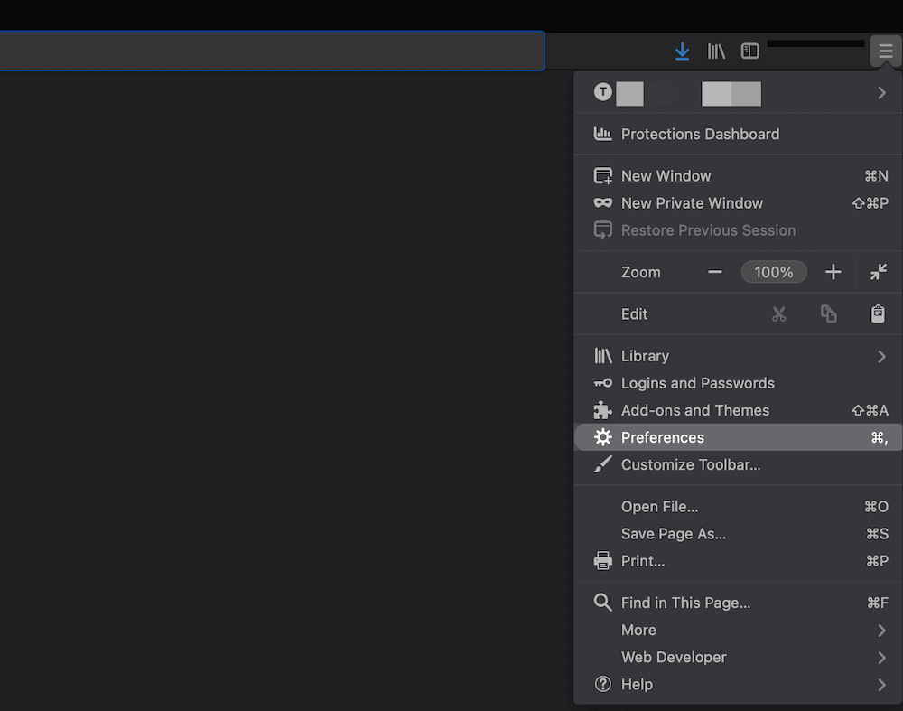 Firefox’s Preferences menu option.