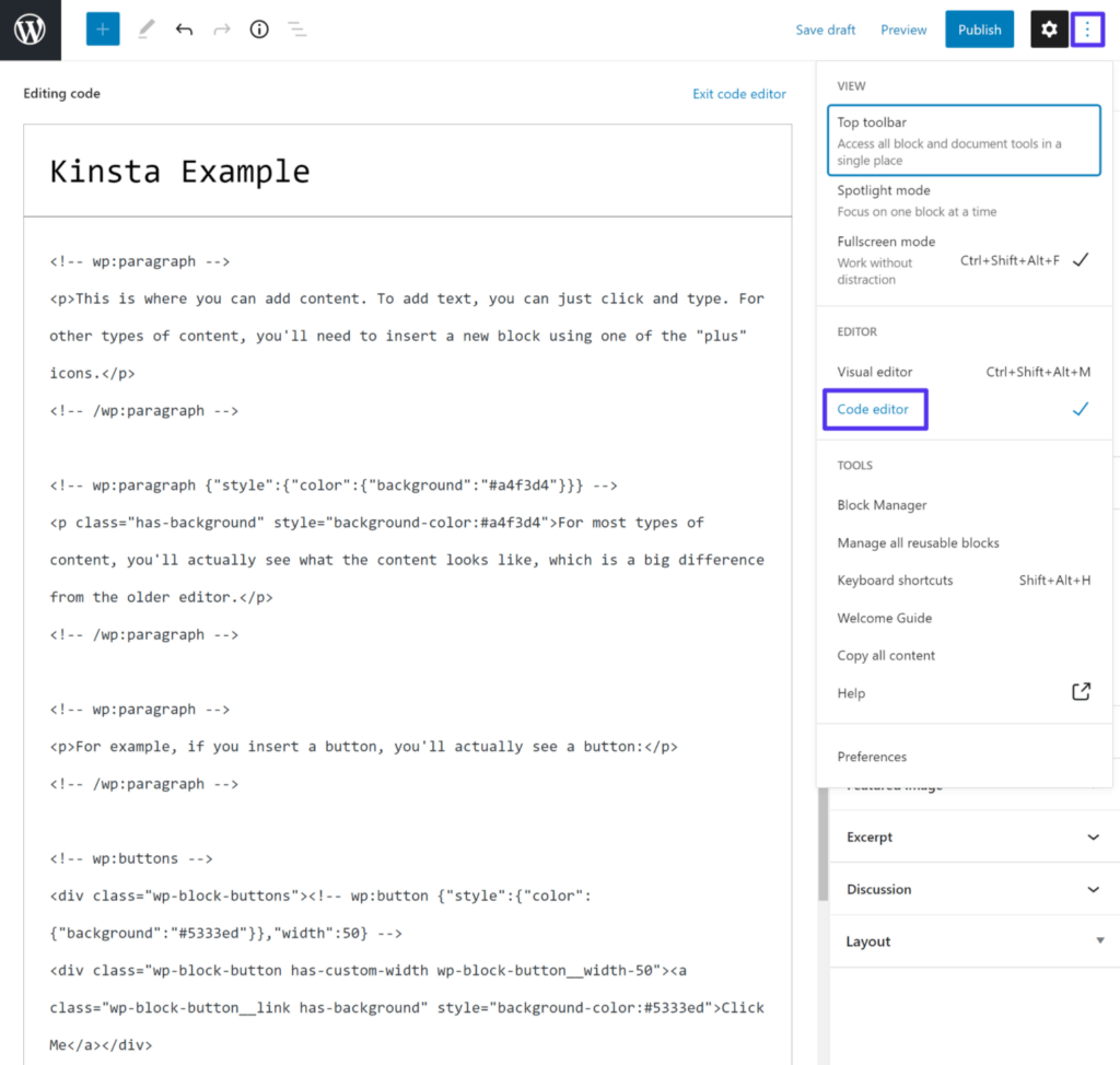 文書全体のコードエディタではブロックマークアップも表示される。