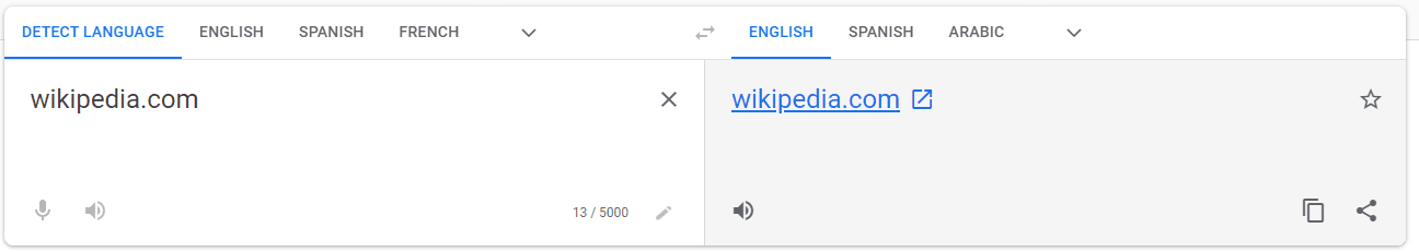 The Google Translate input field, showing a domain (wikipedia.com) on the left and a clickable link on the right