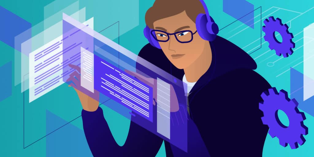 How to Become a Web Developer featured image. An illustration of a man in headphones and a hoodie looking at text on a screen.