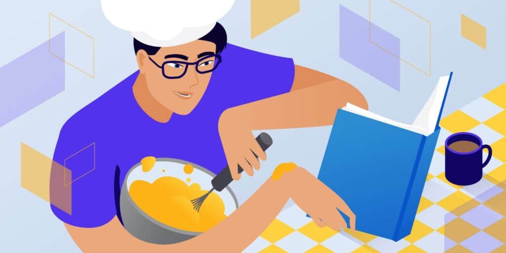 Figure of a man whisking ingredients and reading at the same time. HTML best practices, featured image.