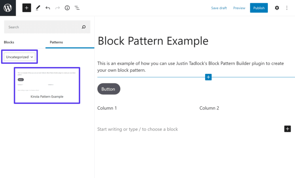 Inserire il block pattern personalizzato.