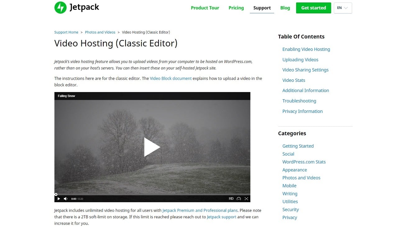 Jetpack's Video Hosting feature screenshot.