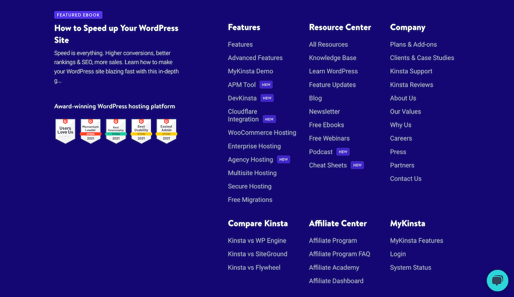 O menu de rodapé Kinsta.