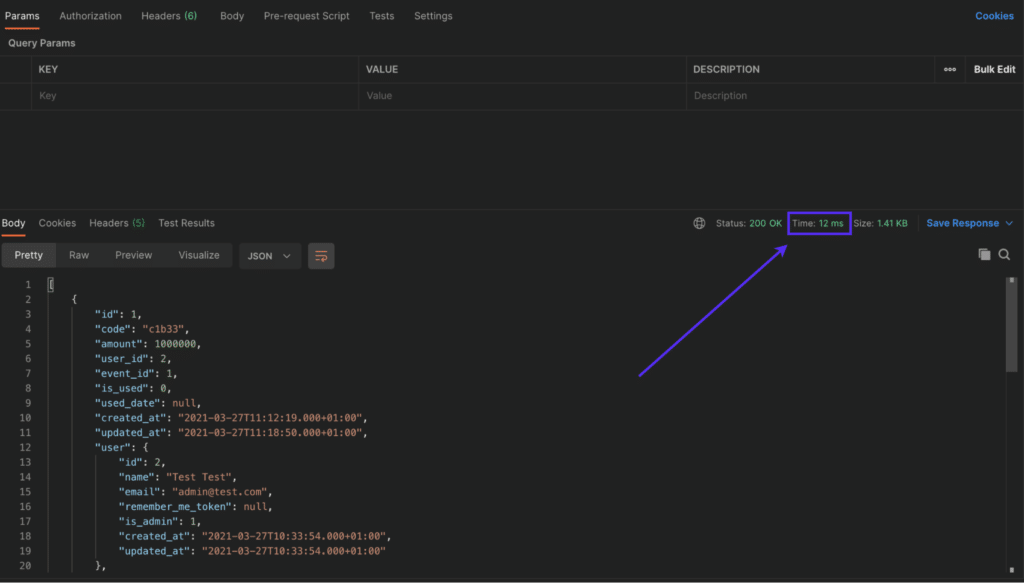 Temps de réponse de l'API Laravel avec le cache.