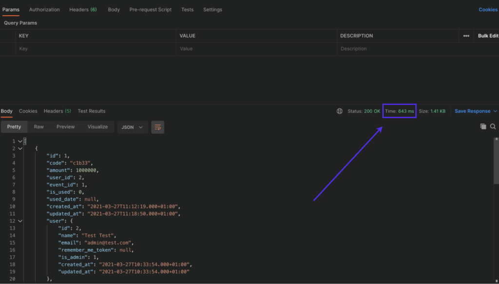 Temps de réponse de l'API Laravel sans cache.