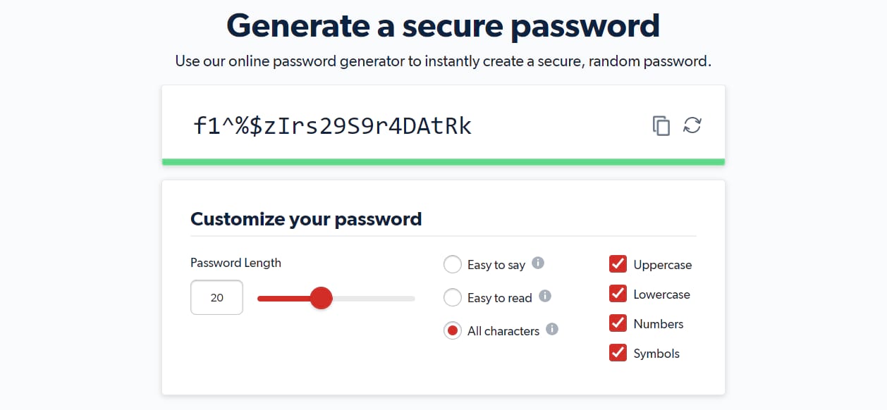 A screenshot of the LastPass platform showing a randomly generated password