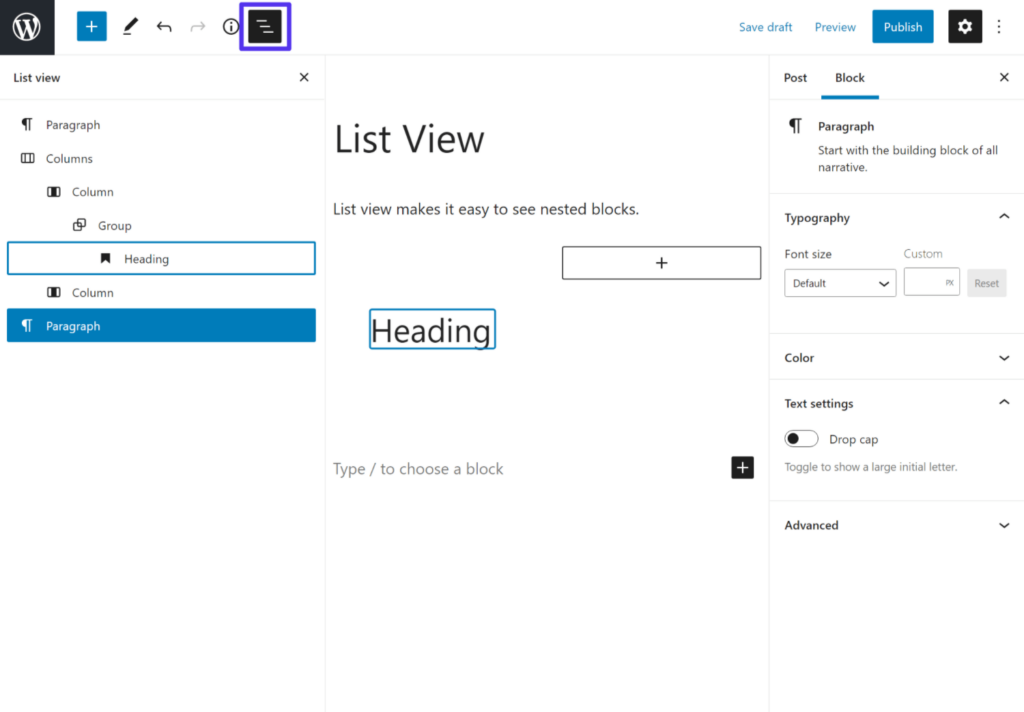 Openen van de List View maakt het makkelijk om te navigeren in geneste blocks