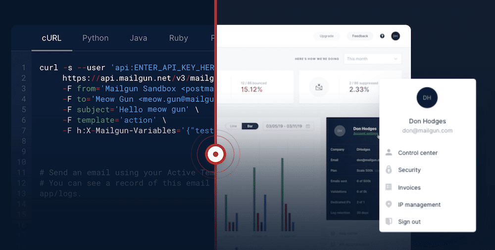 Screenshot del sito web di Mailgun che mostra come è possibile tenere separati l'email e l'hosting.