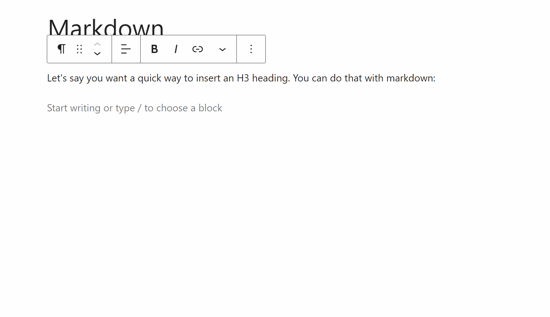 O editor de blocos suporta a sintaxe básica de Markdown para os cabeçalhos.