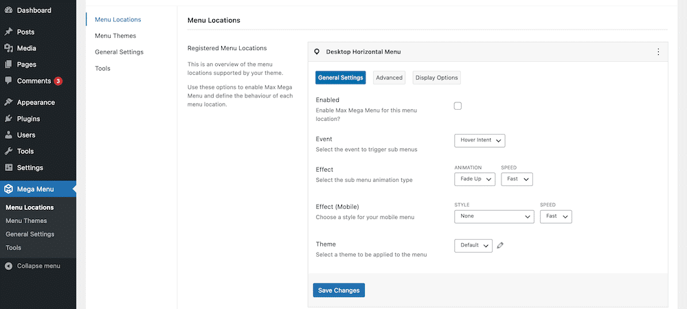 Der Bildschirm "Menüpunkte" für Max Mega Menu.