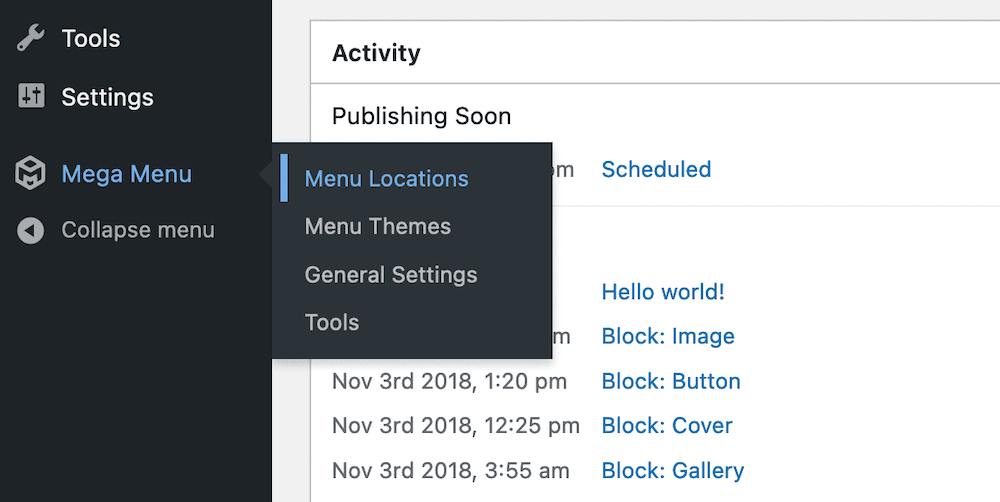 Le lien « Emplacements de menu » dans WordPress.