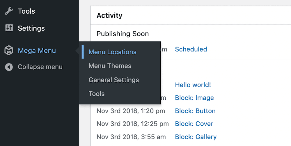 Il link Menu Locations all'interno di WordPress