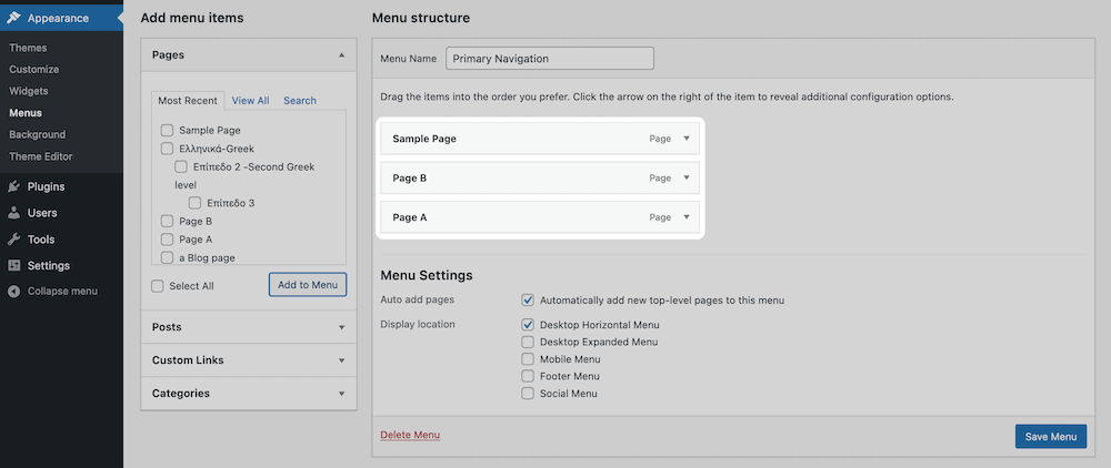 Dragging and dropping items in the Menu structure section.