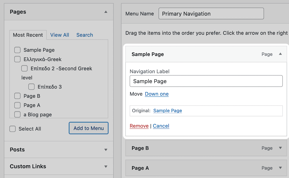 Développer un élément de menu.