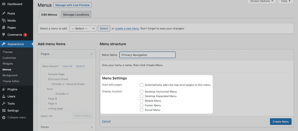 La section « Réglages du menu ».