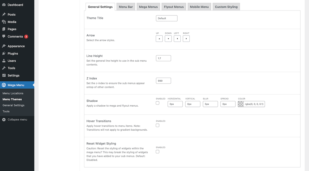 L'écran Thèmes de menu dans Max Mega Menu.