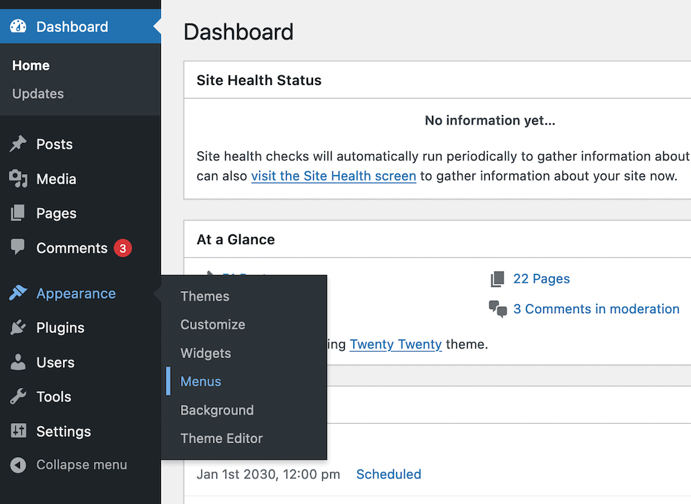 The WordPress Menus link.