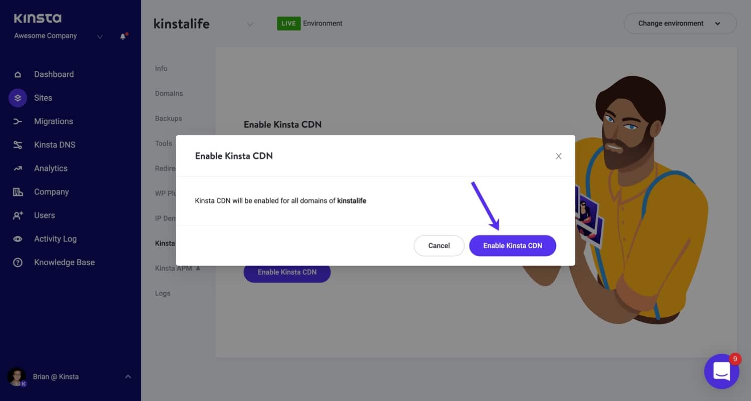 Confirme se você deseja ativar o Kinsta CDN