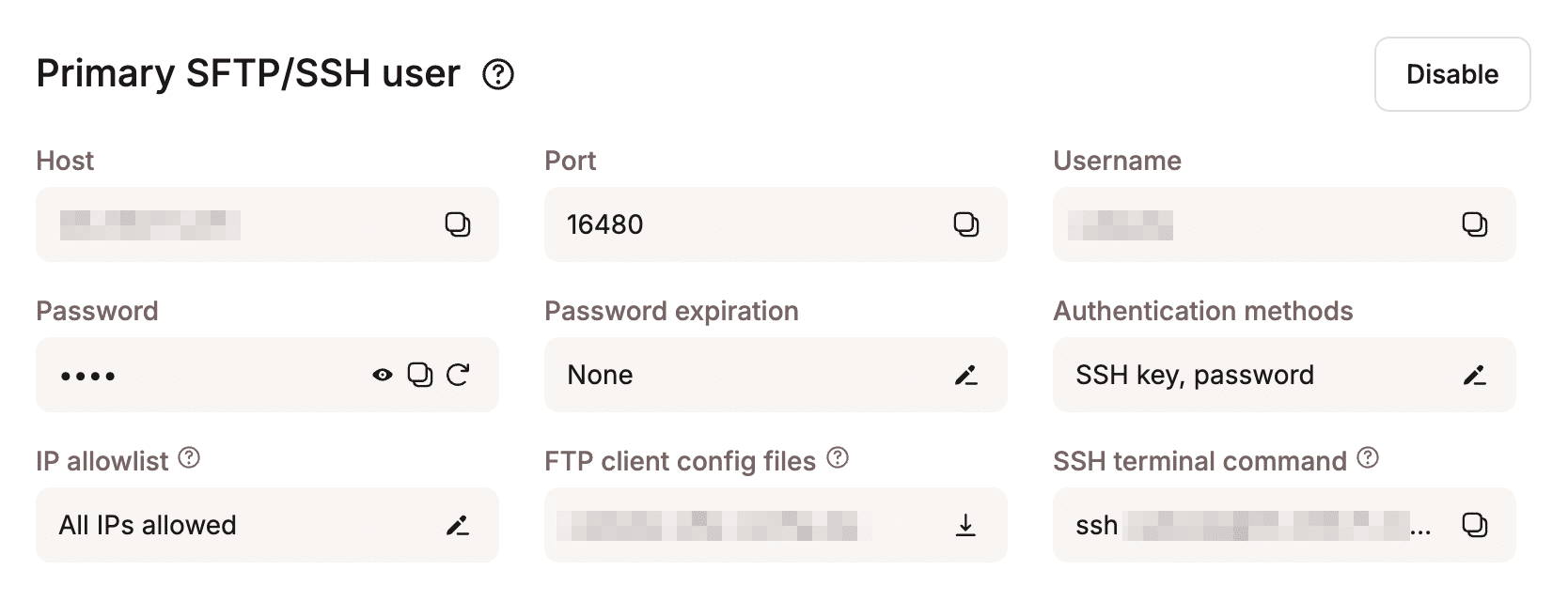 The SFTP panel in the MyKinsta dashboard.
