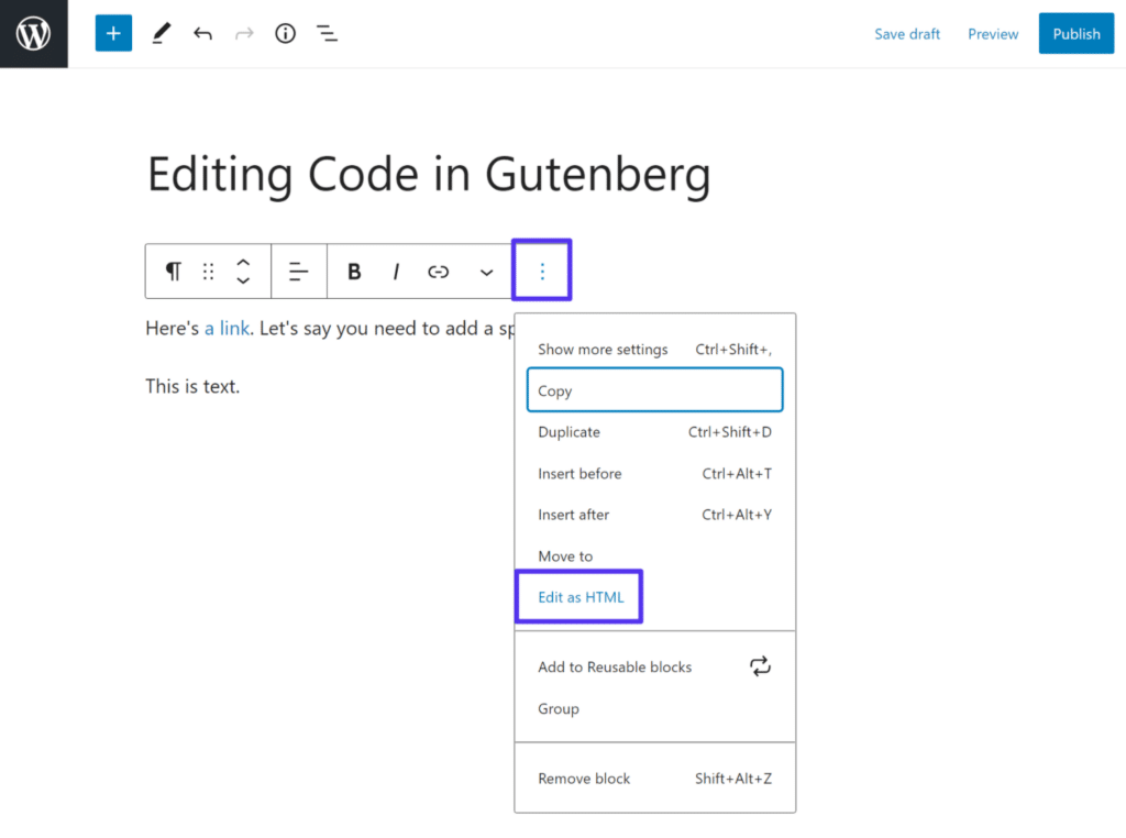 How to edit a single block as HTML in the Gutenberg WordPress editor