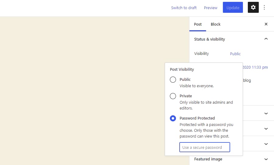 Screenshot showing how to set a WordPress post to Password Protected via the "Post Visibility" modal