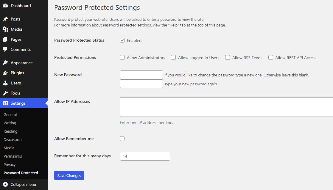 A screenshot of "Password Protected Settings" in WordPress