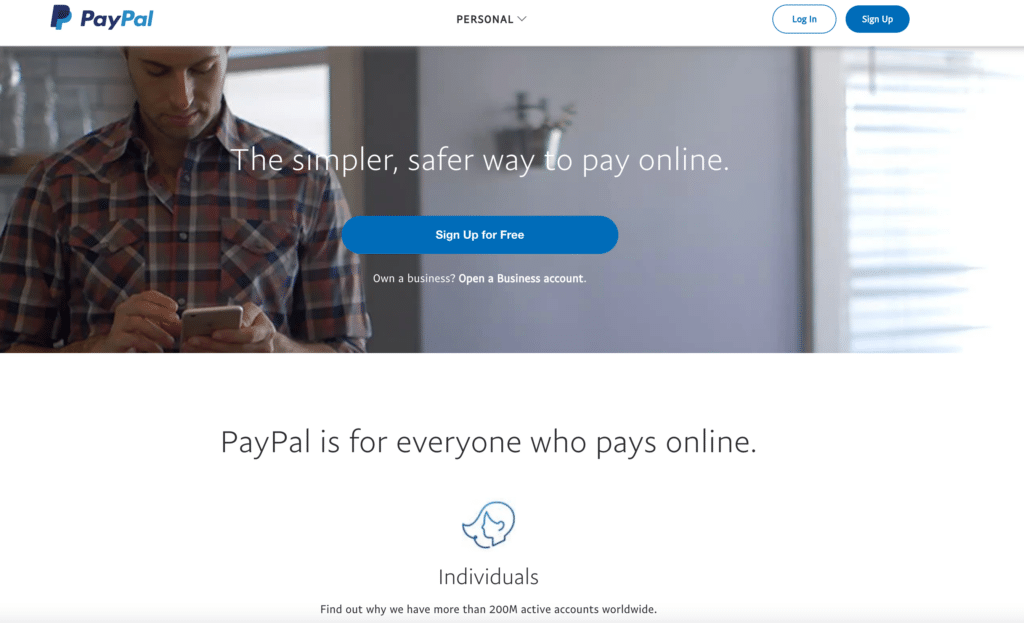 Una schermata dell’homepage di PayPal