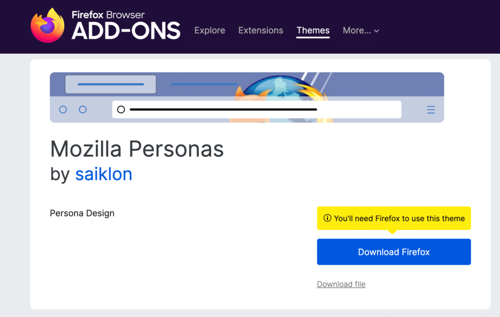 A screenshot of Mozilla Personas' homepage