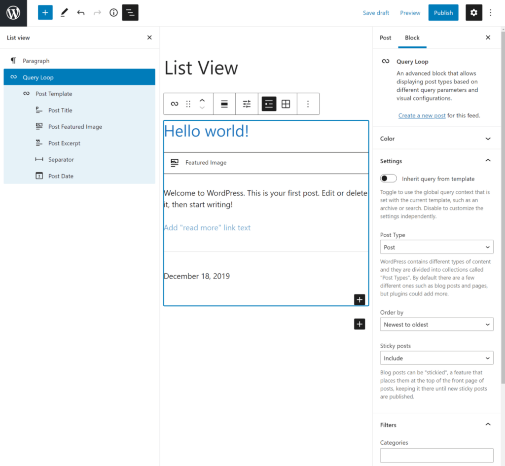 Utilizzare il blocco Query Loop per visualizzare contenuti dinamici.