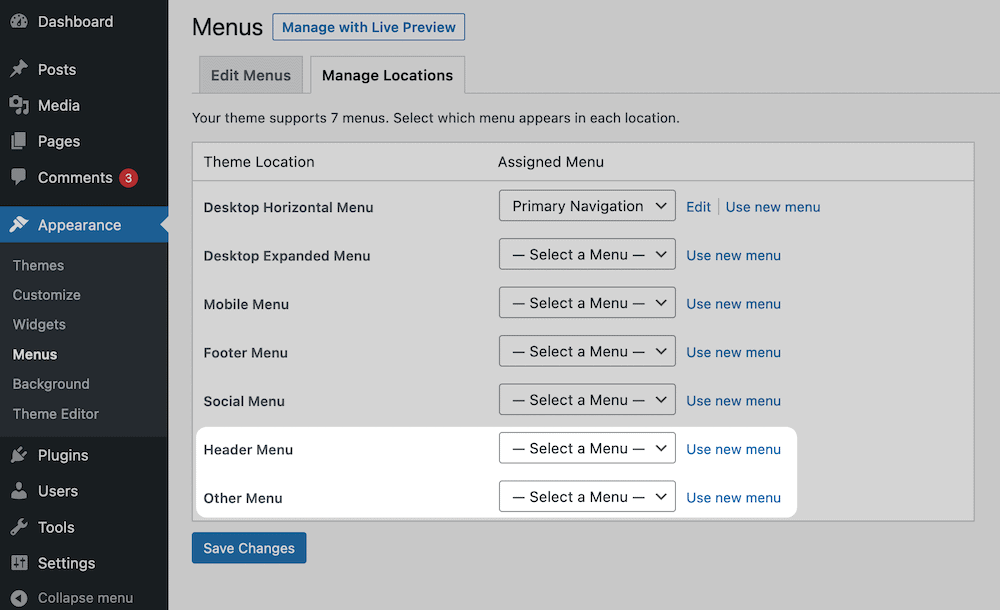 Registro de menús en WordPress.