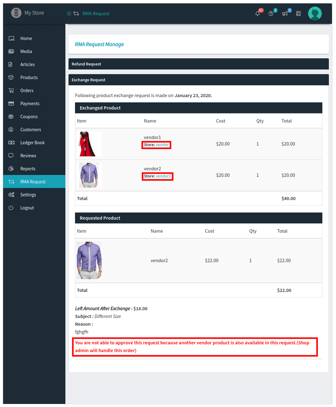 Painel de controle do RMA WCFM for WooCommerce