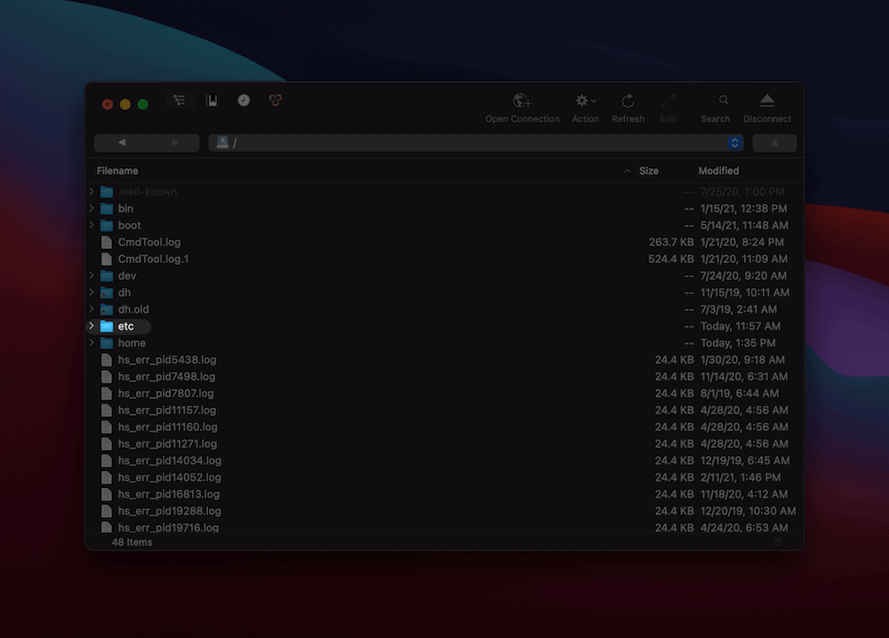 The etc folder within a server root directory.