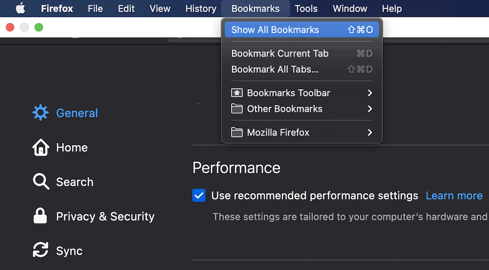 The Show All Bookmarks option within Firefox.