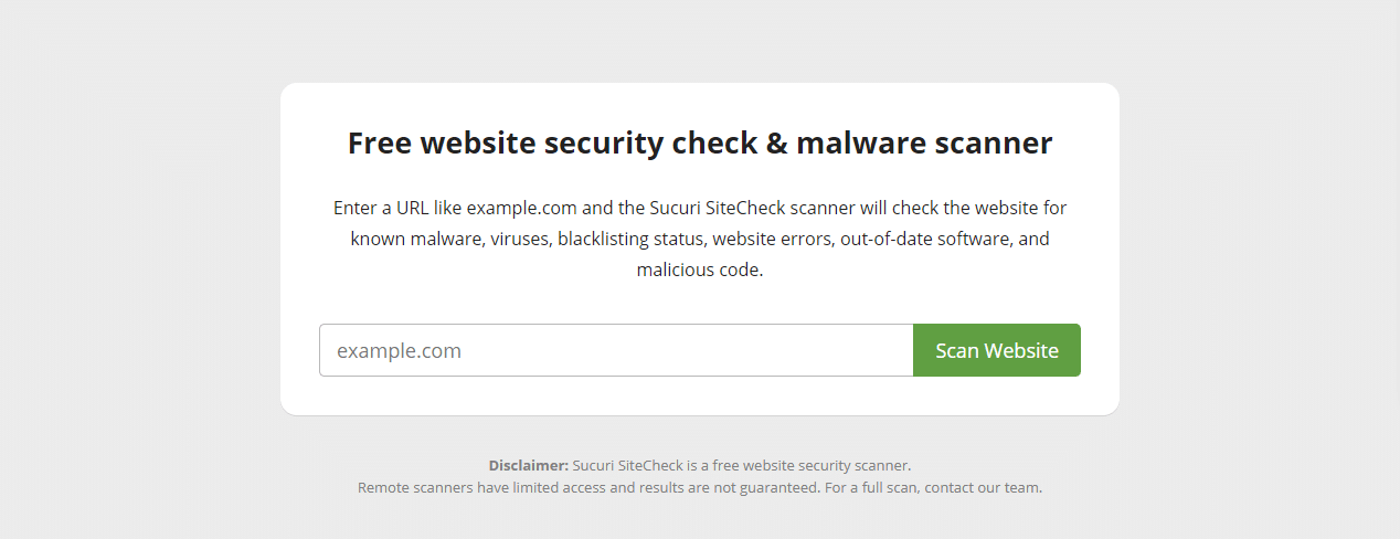 Schermata della homepage di Sucuri che dice "Free website security check & malware scanner"