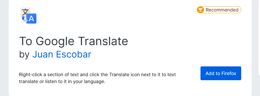 L'extension To Google Translate pour Firefox.